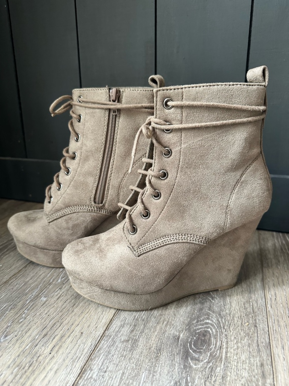 Shi by Journeys Taupe Lace-Up Side Zip Easy On Suede Ankle Boots